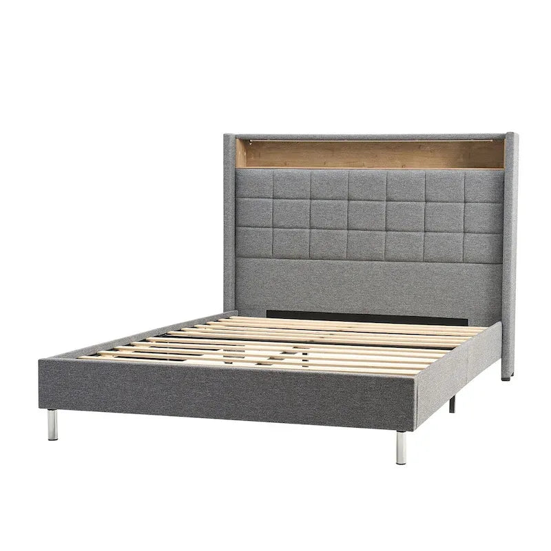 Modern 61.5 Geometric Pattern Bed with Storage Headboard and Warm Night Light