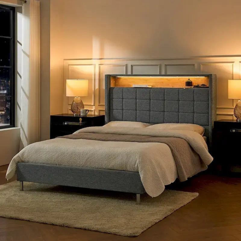 Modern 61.5 Geometric Pattern Bed with Storage Headboard and Warm Night Light