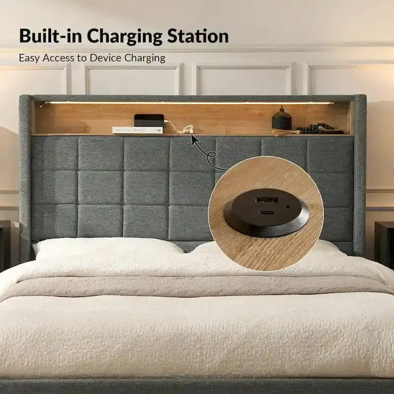 Modern 61.5 Geometric Pattern Bed with Storage Headboard and Warm Night Light
