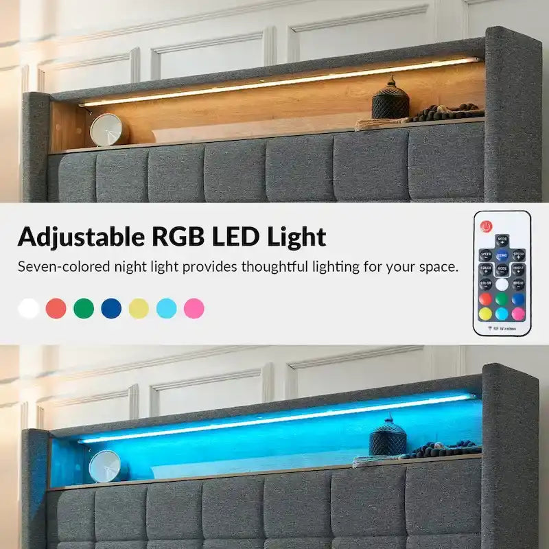 Modern 61.5 Geometric Pattern Bed with Storage Headboard and Warm Night Light