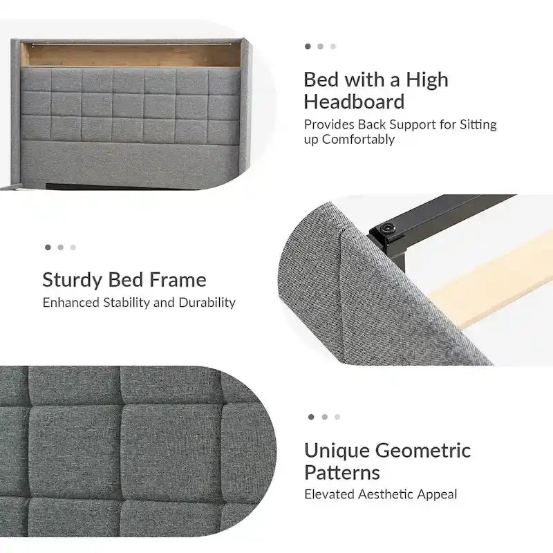 Modern 61.5 Geometric Pattern Bed with Storage Headboard and Warm Night Light