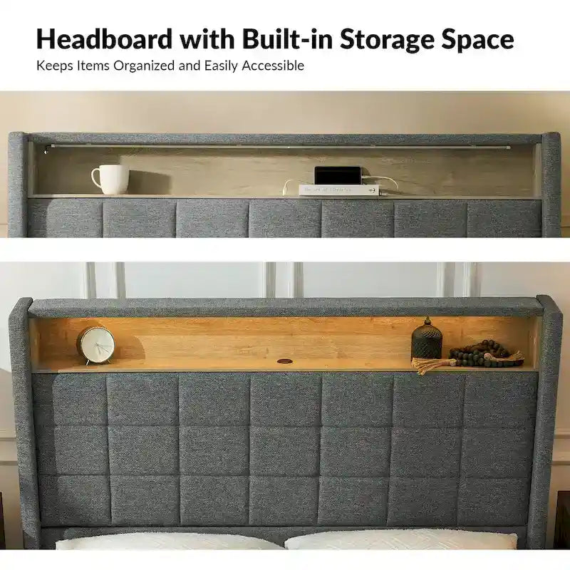 Modern 61.5 Geometric Pattern Bed with Storage Headboard and Warm Night Light