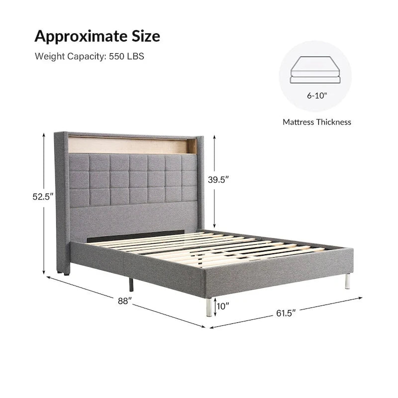Modern 61.5 Geometric Pattern Bed with Storage Headboard and Warm Night Light