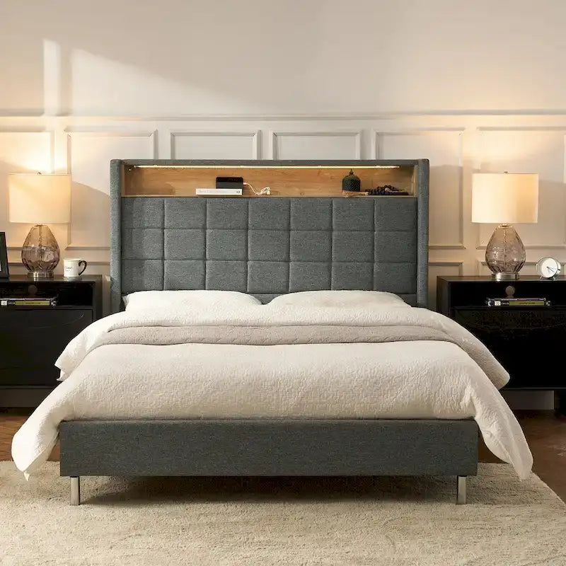 Modern 61.5 Geometric Pattern Bed with Storage Headboard and Warm Night Light