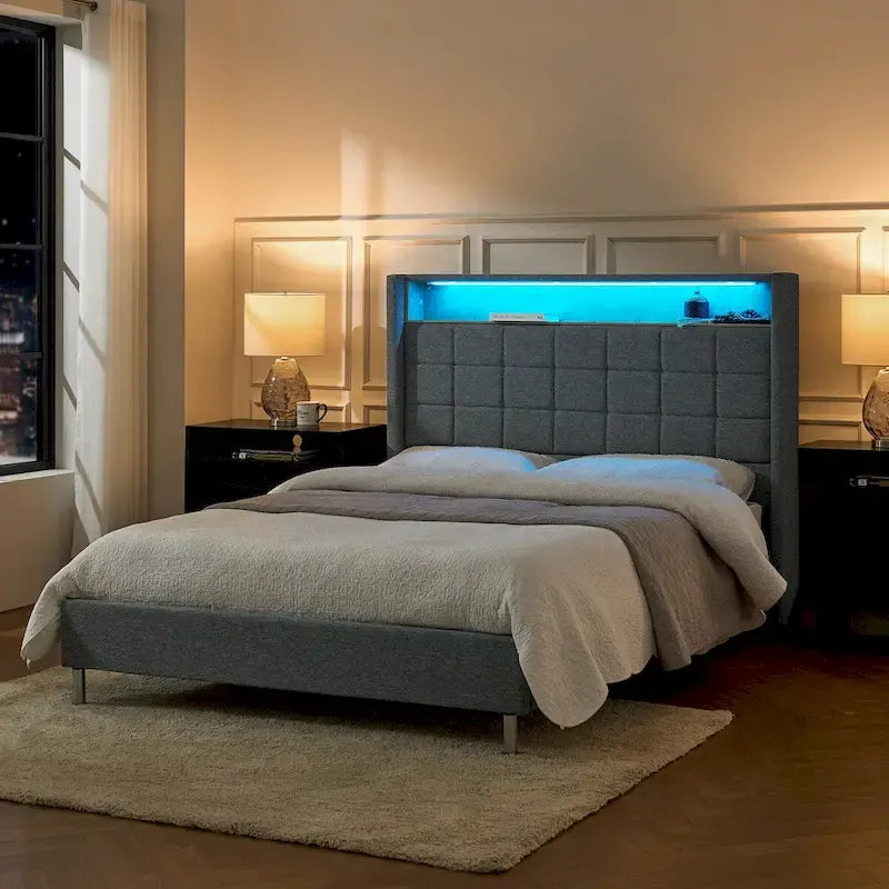 Modern 61.5 Geometric Pattern Bed with Storage Headboard and Warm Night Light