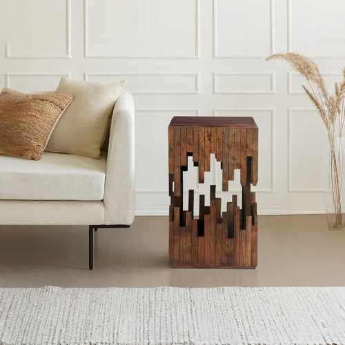 24 Inch Accent Side End Table, Brown Acacia Wood, Slatted Square Top, Handcrafted Abstract Silhouette, Black Iron