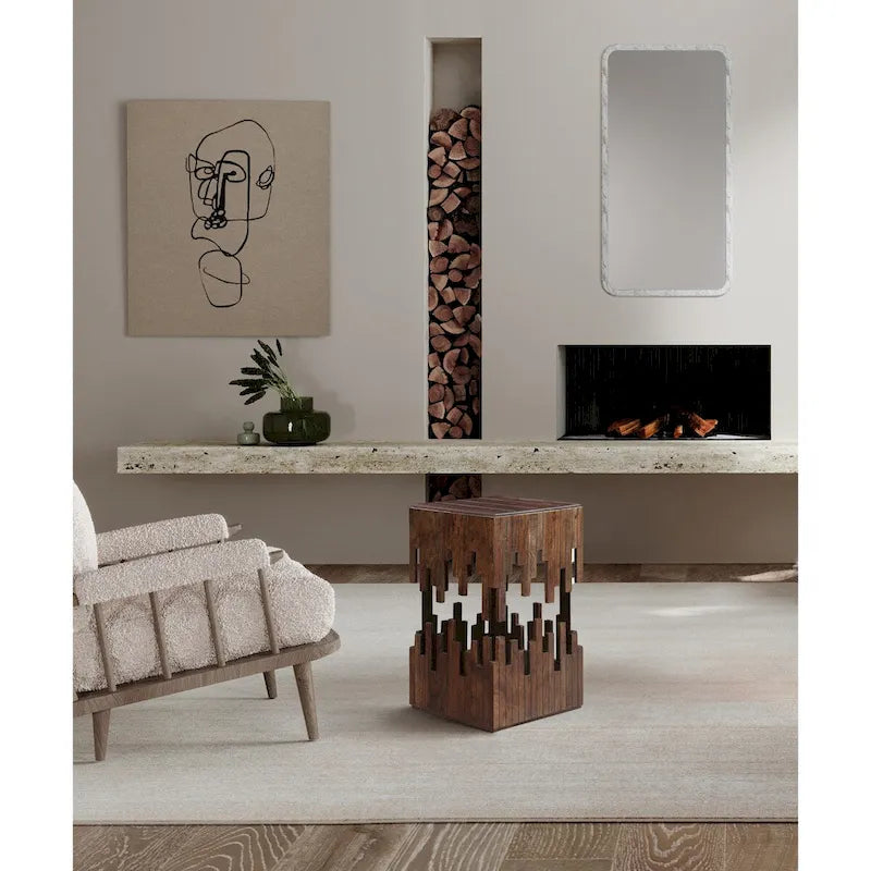24 Inch Accent Side End Table, Brown Acacia Wood, Slatted Square Top, Handcrafted Abstract Silhouette, Black Iron