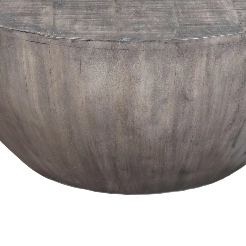 36 Inch Round Coffee Table, Handcrafted Drum Shape, Mango Wood with Olive Gray Finish