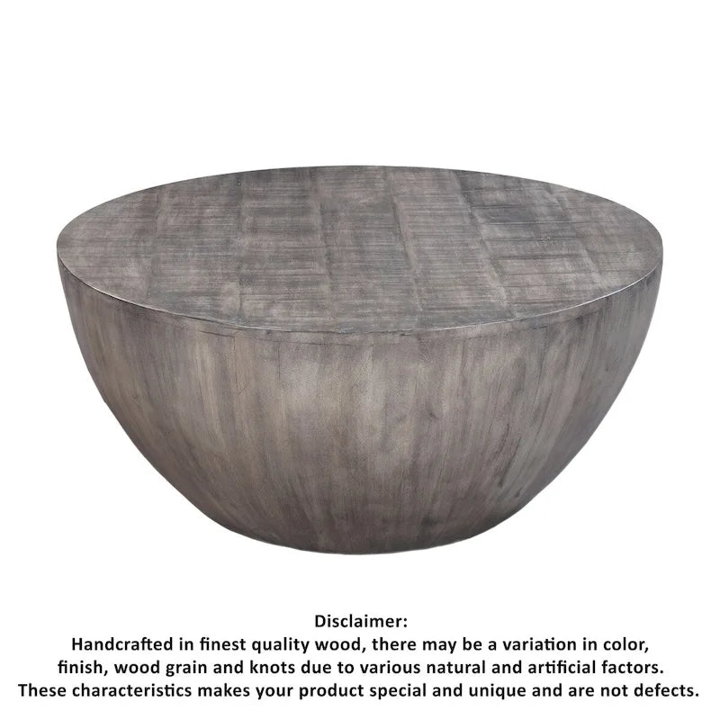 36 Inch Round Coffee Table, Handcrafted Drum Shape, Mango Wood with Olive Gray Finish