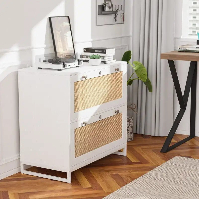 File Cabinet Lateral 2-Drawer Wood Rattan with Lock for Home Office