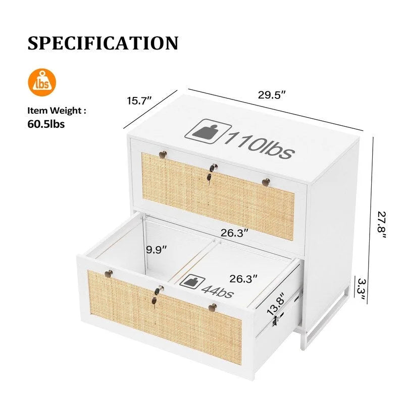 File Cabinet Lateral 2-Drawer Wood Rattan with Lock for Home Office