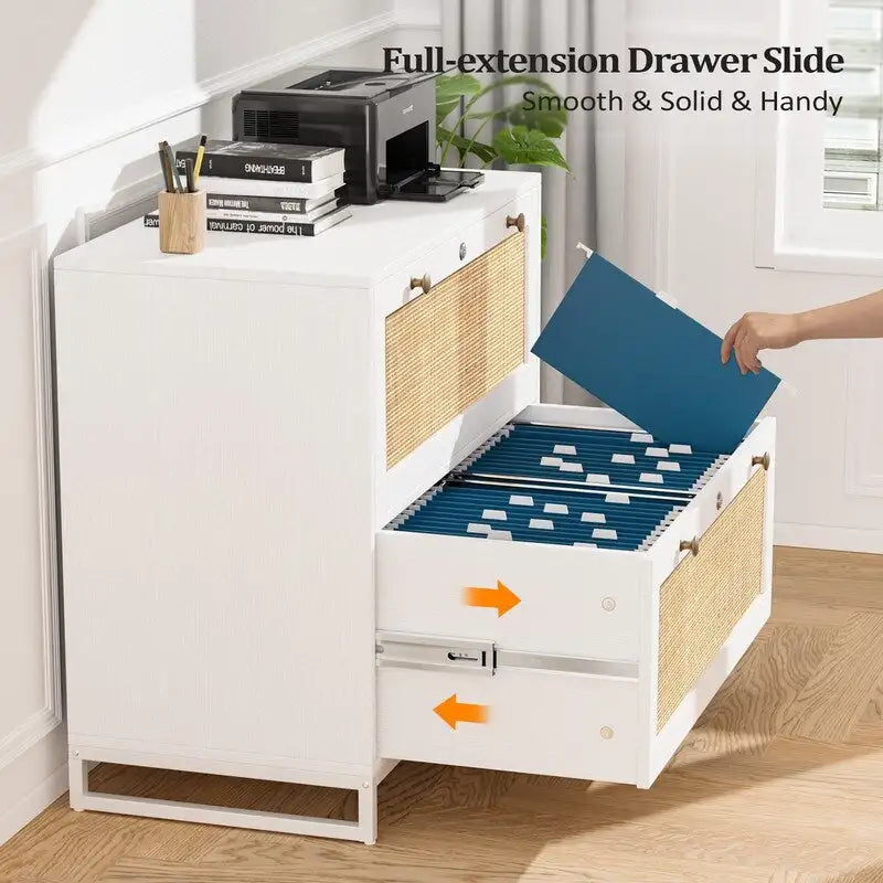 File Cabinet Lateral 2-Drawer Wood Rattan with Lock for Home Office