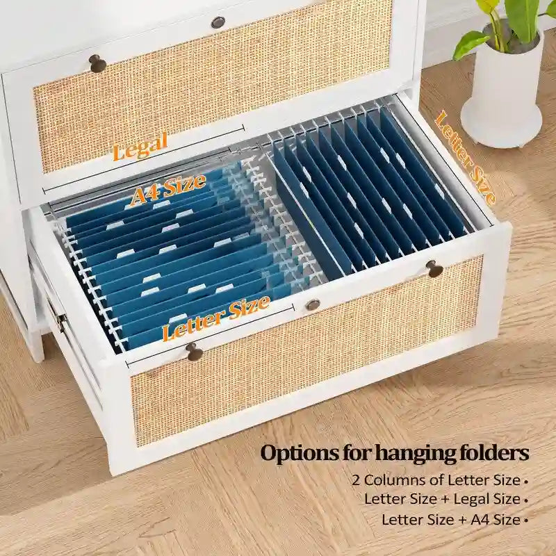 File Cabinet Lateral 2-Drawer Wood Rattan with Lock for Home Office