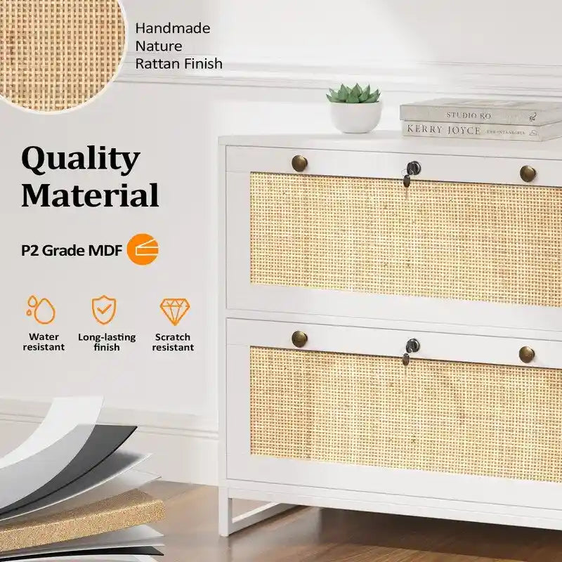 File Cabinet Lateral 2-Drawer Wood Rattan with Lock for Home Office